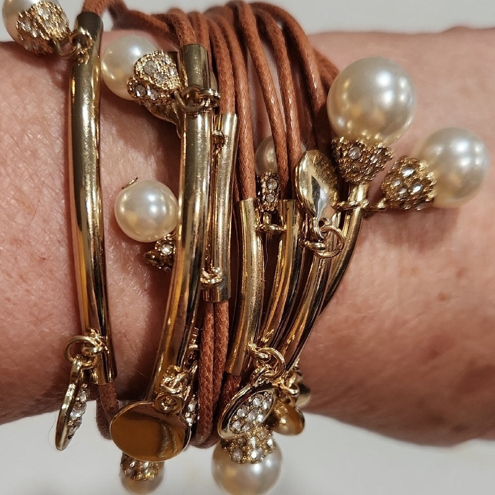 Gold and Brown Layered Wrap Bracelet with Pearl Accents